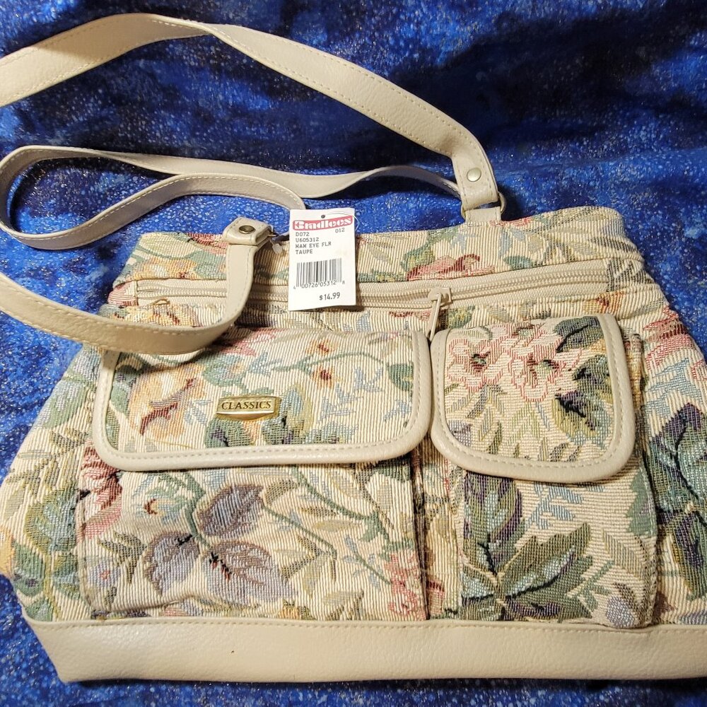 Rare! Bradlees Floral Taupe Tapestry Classics Bag with Two Straps  Still Has Tag